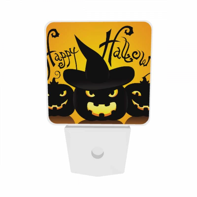 Night Light Set of 2, Three black and yellow pumpkins are shown with a witch's hat on top of each one. Night Light Set Of 2, Three Black And Yellow Pumpkins Are Shown With A Witch's Hat On Top Of Each One. -Pattern Night Light 27e92fa905e19071e5551589d6c6127237af3e84