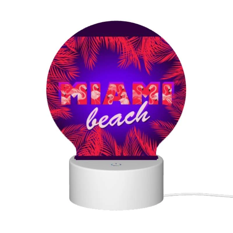 Round Acrylic Night Light, A colorful image of a beach with palm trees and the word "Miami" written in red. Round Acrylic Night Light, A Colorful Image Of A Beach With Palm Trees And The Word "Miami" Written In Red. -Pattern Night Light 284eace62d021e97ff79a84bd07cc0c475bb8eb5
