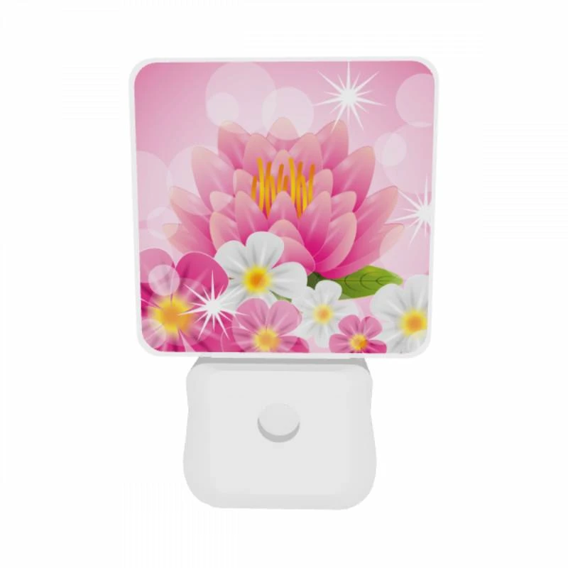 Night Light Set of 2, A pink flower with yellow center and white petals. Night Light Set Of 2, A Pink Flower With Yellow Center And White Petals. -Pattern Night Light 2a1090e075a43980a468efb6c3198b4720b8a51e