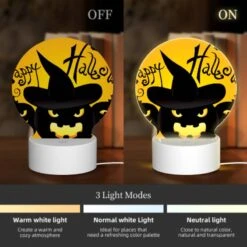Round Acrylic Night Light, Three Black And Yellow Pumpkins Are Shown With A Witch's Hat On Top Of Each One. 4 Round Acrylic Night Light, Three Black And Yellow Pumpkins Are Shown With A Witch's Hat On Top Of Each One. -Pattern Night Light 2a56f8da4fbca6478d50fb5fada122518bd8d1fb