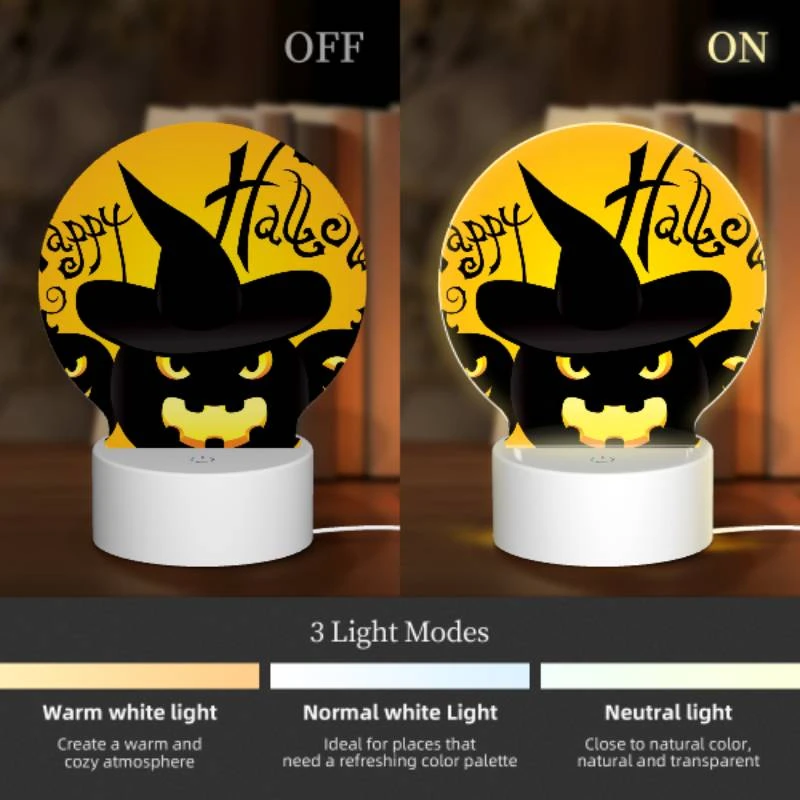Round Acrylic Night Light, Three black and yellow pumpkins are shown with a witch's hat on top of each one. Round Acrylic Night Light, Three Black And Yellow Pumpkins Are Shown With A Witch's Hat On Top Of Each One. -Pattern Night Light 2a56f8da4fbca6478d50fb5fada122518bd8d1fb