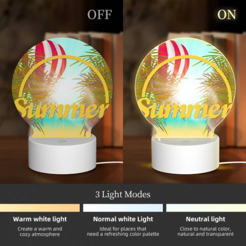 Round Acrylic Night Light, A colorful hot air balloon is flying over a beach with a yellow sign that says "Summer." Round Acrylic Night Light, A Colorful Hot Air Balloon Is Flying Over A Beach With A Yellow Sign That Says "Summer." -Pattern Night Light 2aa7a3881701f7d047baab0ed88e298c3eb2b053