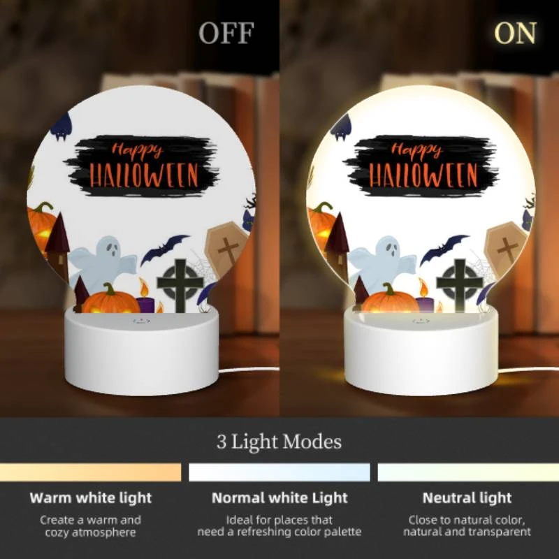 Round Acrylic Night Light, A Halloween scene with a sign that says "Happy Halloween." Round Acrylic Night Light, A Halloween Scene With A Sign That Says "Happy Halloween." -Pattern Night Light 2d257f87f91c56d0450af6d29a1b7a941addc382