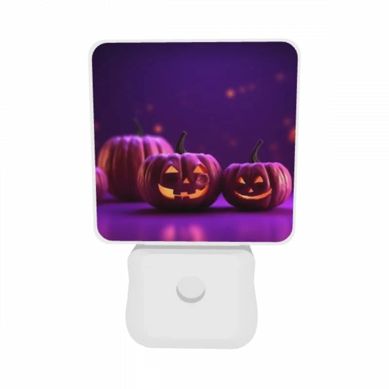 Night Light Set of 2, Two pumpkins with faces drawn on them sit on a purple background. Night Light Set Of 2, Two Pumpkins With Faces Drawn On Them Sit On A Purple Background. -Pattern Night Light 2de99aff3ebfb3c08d71331c21821e36f6dc9edd