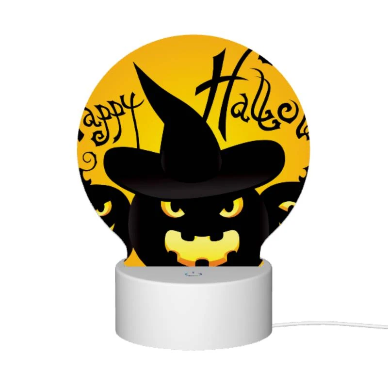 Round Acrylic Night Light, Three black and yellow pumpkins are shown with a witch's hat on top of each one. Round Acrylic Night Light, Three Black And Yellow Pumpkins Are Shown With A Witch's Hat On Top Of Each One. -Pattern Night Light 2e33835ba83f459819c3440fa0d2a4b55469310e
