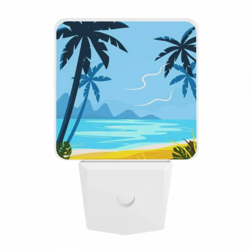 Night Light, A blue and yellow beach scene with palm trees and a mountain in the background. Night Light, A Blue And Yellow Beach Scene With Palm Trees And A Mountain In The Background. -Pattern Night Light 2ebf48607ad5418202708f27473248ad99371e9f