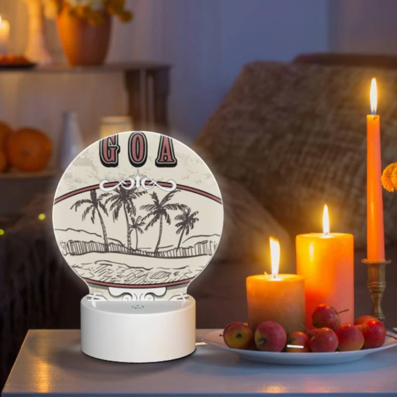 Round Acrylic Night Light, A picture of palm trees with the word Goa written above it. Round Acrylic Night Light, A Picture Of Palm Trees With The Word Goa Written Above It. -Pattern Night Light 2fc785f23e2137f11d1940fb61e4a3d1dc48ac3a