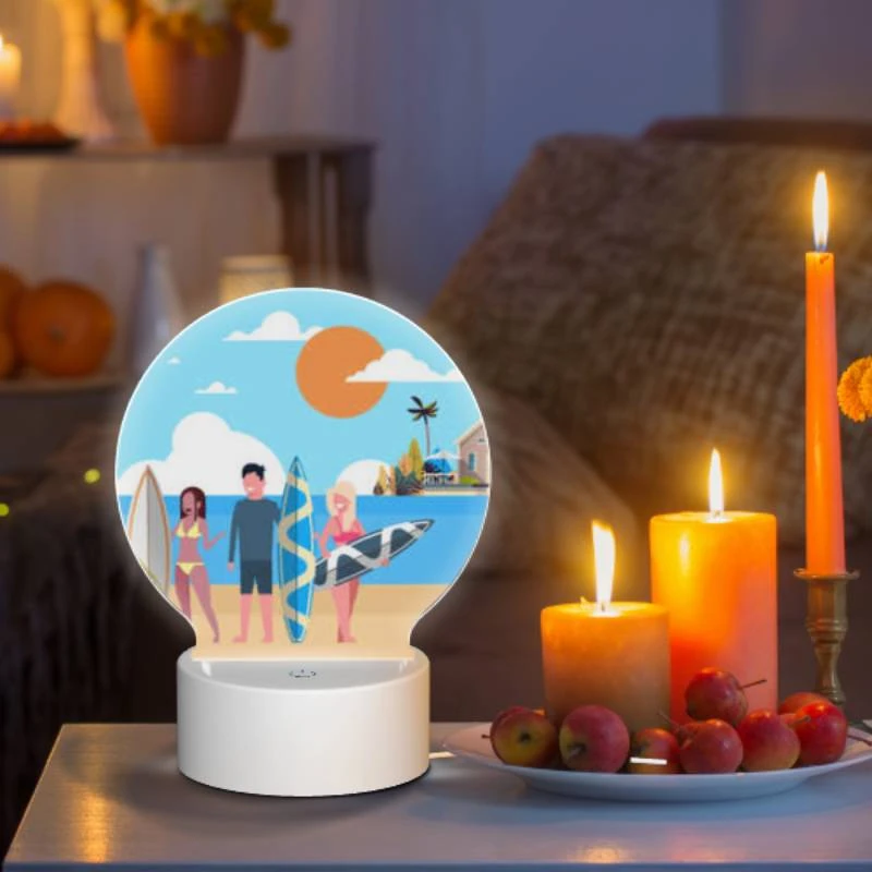 Round Acrylic Night Light, Three people are standing on a beach with their surfboards. Round Acrylic Night Light, Three People Are Standing On A Beach With Their Surfboards. -Pattern Night Light 2fdfef00d32a3426d347bb317ec98259cef2eebe