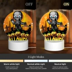 Round Acrylic Night Light, A Skeleton Is Holding A Pumpkin And A Bag Of Candy. 4 Round Acrylic Night Light, A Skeleton Is Holding A Pumpkin And A Bag Of Candy. -Pattern Night Light 2ff4e65743b8f2d2a04272be9d7134c670238cdd