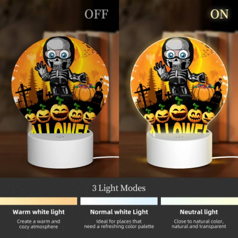 Round Acrylic Night Light, A skeleton is holding a pumpkin and a bag of candy. Round Acrylic Night Light, A Skeleton Is Holding A Pumpkin And A Bag Of Candy. -Pattern Night Light 2ff4e65743b8f2d2a04272be9d7134c670238cdd