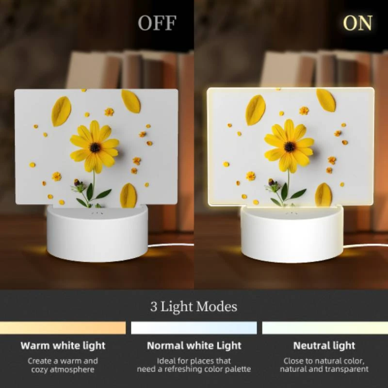 Rectangular Acrylic Night Light, A yellow flower with yellow petals and green leaves is placed on a white surface. Rectangular Acrylic Night Light, A Yellow Flower With Yellow Petals And Green Leaves Is Placed On A White Surface. -Pattern Night Light 31f7713059a031568b7b79db0dcb7dbf69cff624