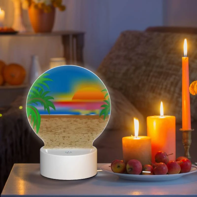 Round Acrylic Night Light, A sunset over the ocean with palm trees in the foreground. Round Acrylic Night Light, A Sunset Over The Ocean With Palm Trees In The Foreground. -Pattern Night Light 323cac4e74a7df0adfce03543a128a495dfb72d5
