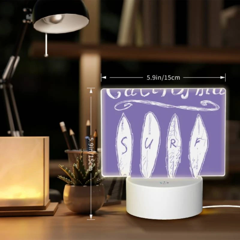Rectangular Acrylic Night Light, A purple drawing of a surfboard with the word surf on it. Rectangular Acrylic Night Light, A Purple Drawing Of A Surfboard With The Word Surf On It. -Pattern Night Light 323e124f1de9c79a2db92effb571728b1da36930