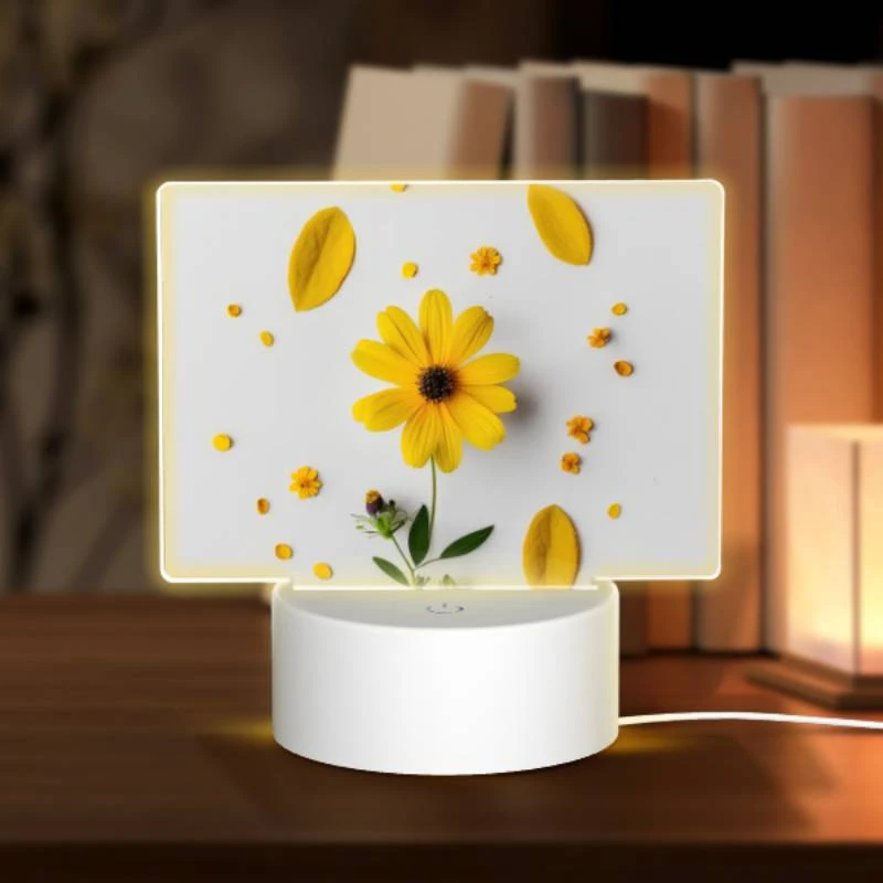 Rectangular Acrylic Night Light, A yellow flower with yellow petals and green leaves is placed on a white surface. Rectangular Acrylic Night Light, A Yellow Flower With Yellow Petals And Green Leaves Is Placed On A White Surface. -Pattern Night Light 347925b52eb49019ccb58ab7e77ca57e89f922af