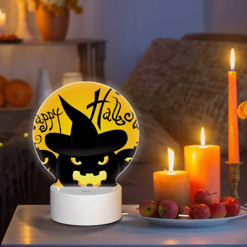 Round Acrylic Night Light, Three black and yellow pumpkins are shown with a witch's hat on top of each one. Round Acrylic Night Light, Three Black And Yellow Pumpkins Are Shown With A Witch's Hat On Top Of Each One. -Pattern Night Light 351c29028387e1400f96a32bc056345f7edf5921