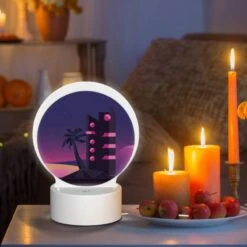 Round Acrylic Night Light, A Tall Building With A Pink And Black Color Scheme Is Lit Up At Night. 8 Round Acrylic Night Light, A Tall Building With A Pink And Black Color Scheme Is Lit Up At Night. -Pattern Night Light 358919407ccdb1e759a69ed846370e1b65cb6ade