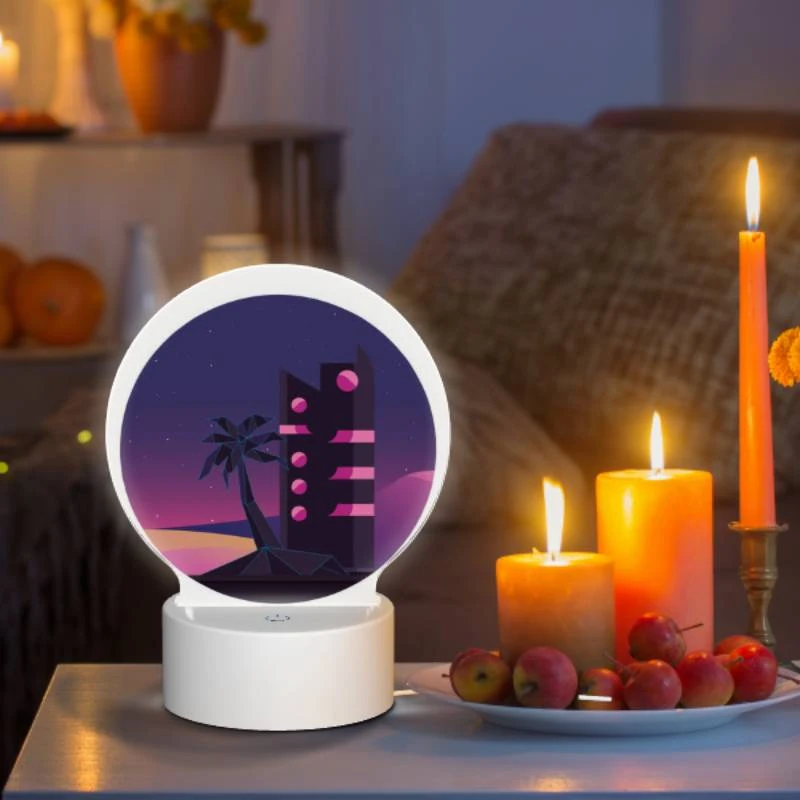 Round Acrylic Night Light, A tall building with a pink and black color scheme is lit up at night. Round Acrylic Night Light, A Tall Building With A Pink And Black Color Scheme Is Lit Up At Night. -Pattern Night Light 358919407ccdb1e759a69ed846370e1b65cb6ade