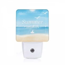 Night Light, A Blue And White Sign That Says "Summer Holidays" With A Sailboat On The Beach.