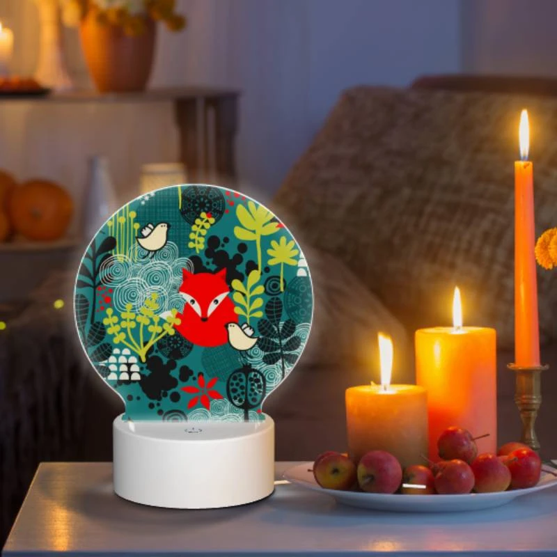 Round Acrylic Night Light, A red fox is surrounded by a variety of birds and plants. Round Acrylic Night Light, A Red Fox Is Surrounded By A Variety Of Birds And Plants. -Pattern Night Light 37daa1190ed77c431c1e5ca69bcbeaf46dd9991a