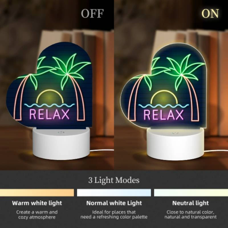 Love Acrylic Night Light, A neon sign that says "Relax" with palm trees in the background. Love Acrylic Night Light, A Neon Sign That Says "Relax" With Palm Trees In The Background. -Pattern Night Light 38151a2fe7b12e34adfab17ee36f6e63ebe32847