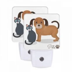 Night Light Set Of 2, A Black Cat And A Brown Dog Are Standing Next To Each Other.