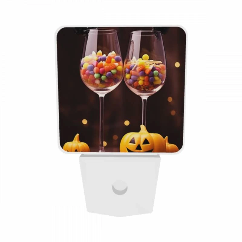 Night Light Set of 2, Two wine glasses filled with candy and a pumpkin. Night Light Set Of 2, Two Wine Glasses Filled With Candy And A Pumpkin. -Pattern Night Light 3de50f3c99243989207ca150ec7a406dddfd4eef
