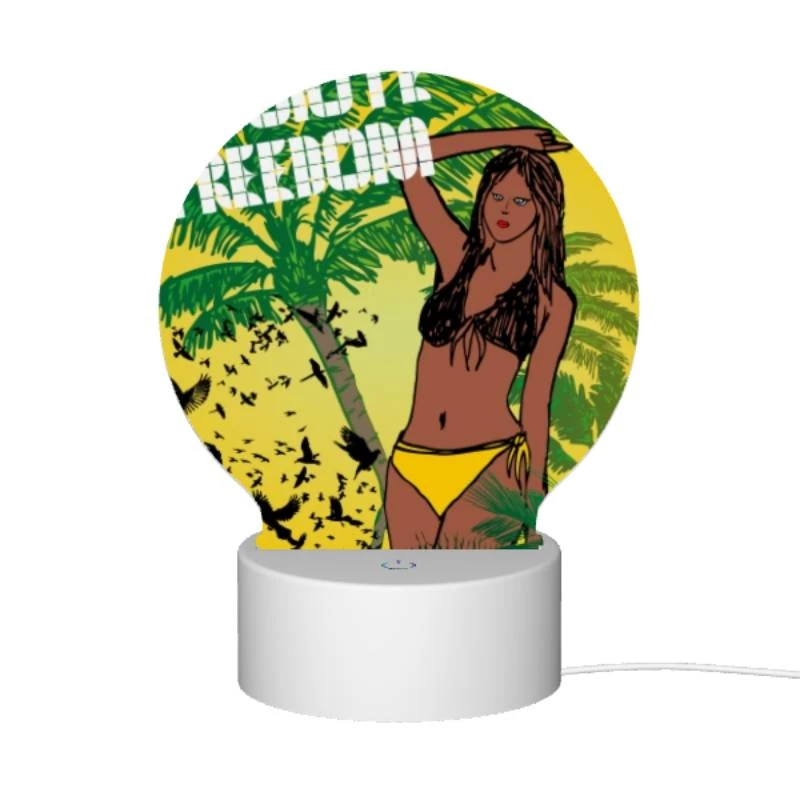 Round Acrylic Night Light, A woman with a yellow bikini is standing in front of a tree with birds flying around her. Round Acrylic Night Light, A Woman With A Yellow Bikini Is Standing In Front Of A Tree With Birds Flying Around Her. -Pattern Night Light 3df4fb3c56f434b236a1a87c2c4b5eaf81d7f56d