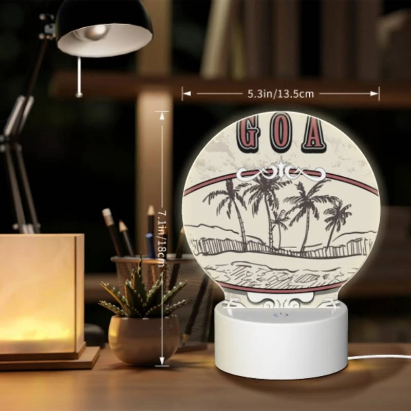 Round Acrylic Night Light, A picture of palm trees with the word Goa written above it. Round Acrylic Night Light, A Picture Of Palm Trees With The Word Goa Written Above It. -Pattern Night Light 3e32c9c2457255e414b5affe2223dc83d78407a5