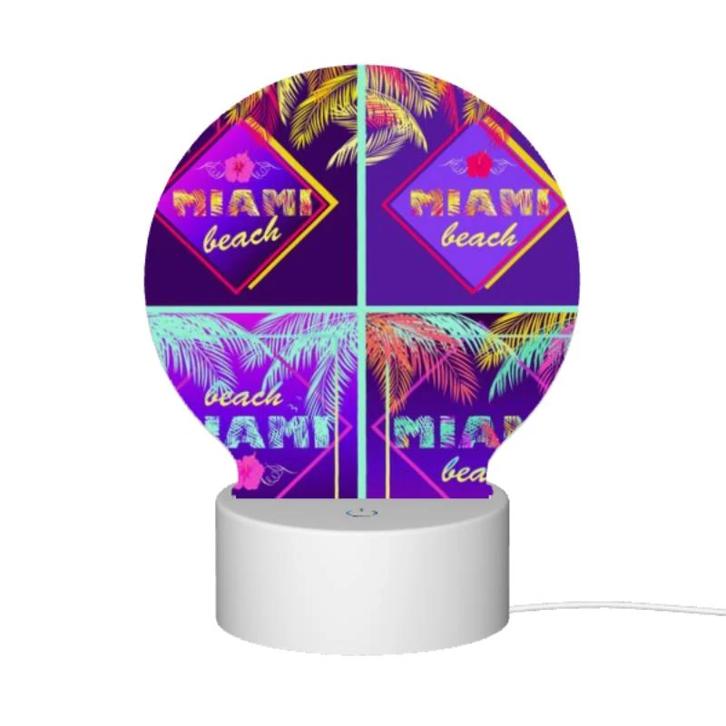 Round Acrylic Night Light, Four different colored images of palm trees and the word "Miami Beach" on them. Round Acrylic Night Light, Four Different Colored Images Of Palm Trees And The Word "Miami Beach" On Them. -Pattern Night Light 3edad98cfcf48494ec5b34e2ddd8e56b913451b4
