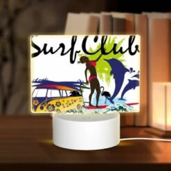 Rectangular Acrylic Night Light, A Woman Is Surfing On A Surfboard In Front Of A Yellow And Blue Van.