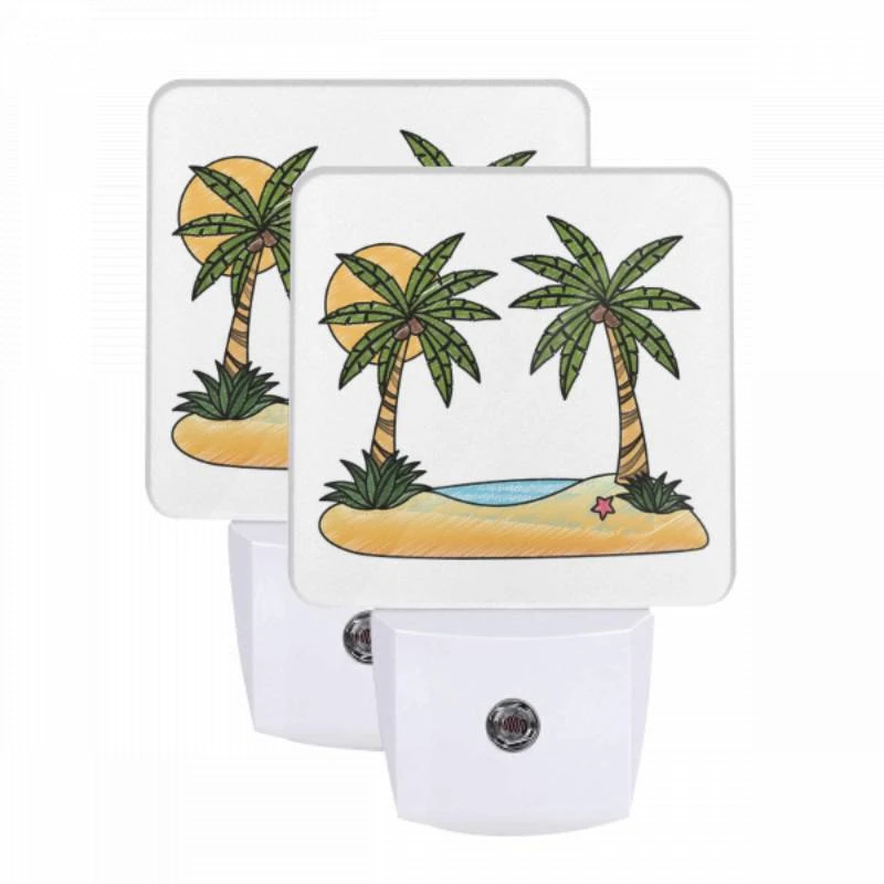 Night Light Set of 2, A cartoon drawing of a tropical island with two palm trees and a sun. Night Light Set Of 2, A Cartoon Drawing Of A Tropical Island With Two Palm Trees And A Sun. -Pattern Night Light 3fbffeb769c8daa6e59896138388e88f06c57efc
