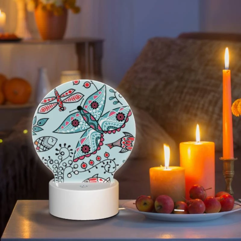 Round Acrylic Night Light, A colorful butterfly is surrounded by other colorful butterflies and fish. Round Acrylic Night Light, A Colorful Butterfly Is Surrounded By Other Colorful Butterflies And Fish. -Pattern Night Light 411be78401540facc57466a13b7d41ea082f6ae9