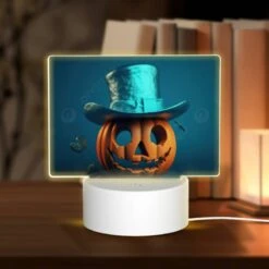 Rectangular Acrylic Night Light, A Pumpkin With A Top Hat And A Smile On Its Face.