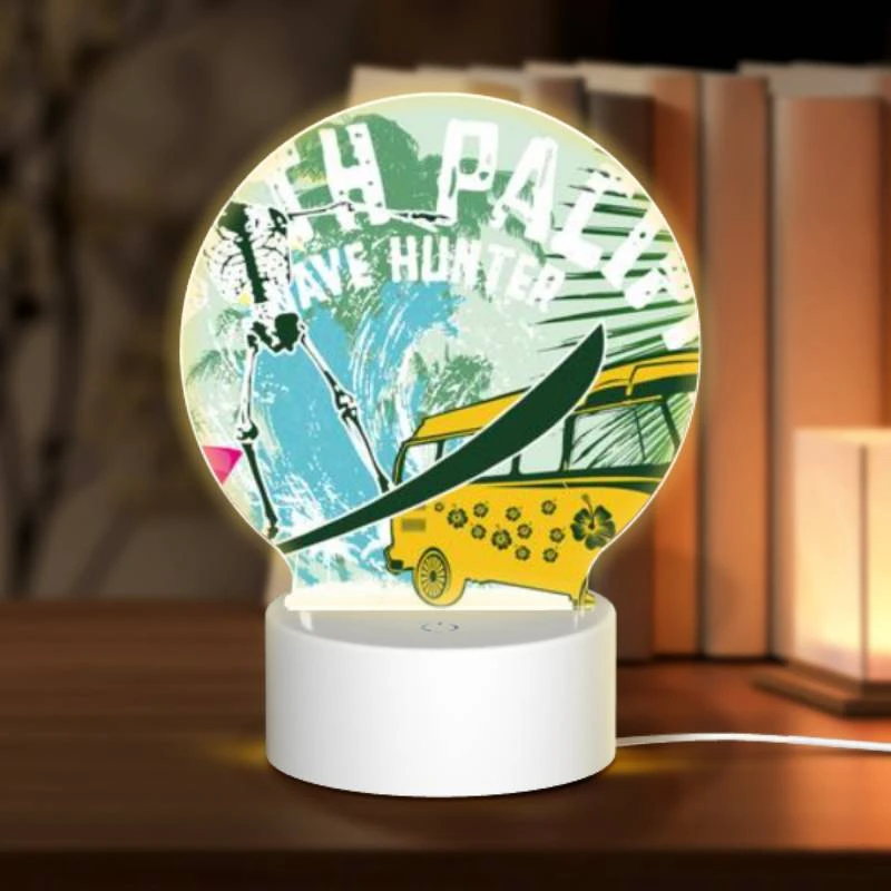 Round Acrylic Night Light, A surfboard with a skeleton on it is next to a bus. Round Acrylic Night Light, A Surfboard With A Skeleton On It Is Next To A Bus. -Pattern Night Light 42d0c4d61e613ef7f1467306bf2bb1b3197da0ba
