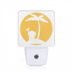 Night Light, A Yellow Circle With A Toothbrush And A Palm Tree.