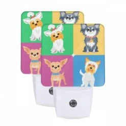 Night Light Set Of 2, Four Different Colored Dogs Are Shown In A Square.