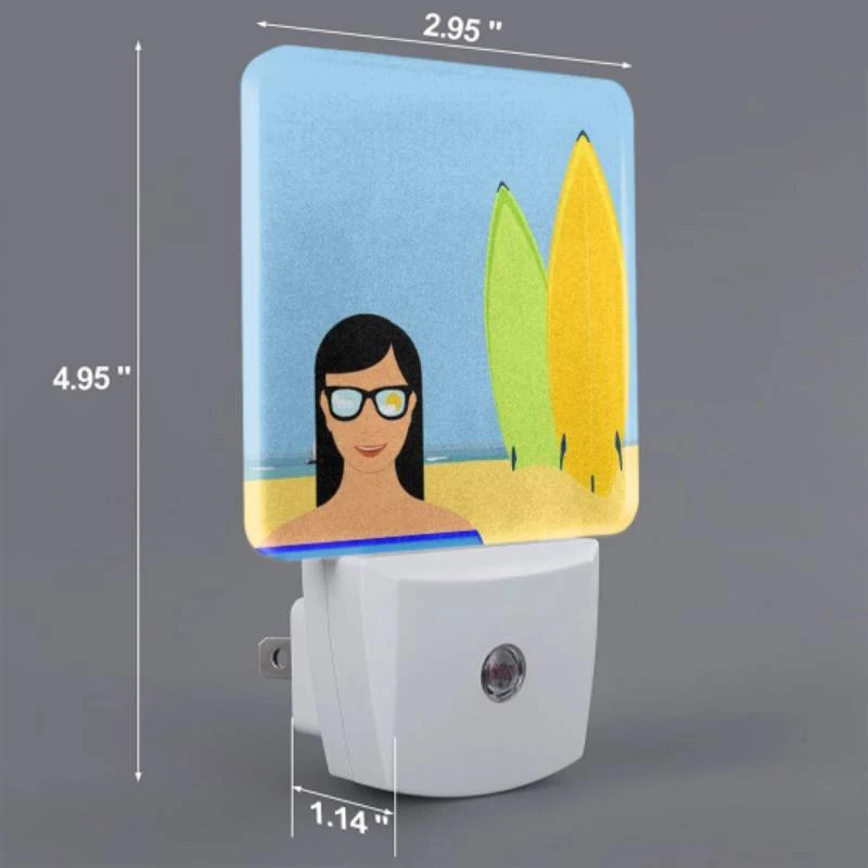 Night Light Set of 2, A woman wearing glasses is standing in front of two surfboards. Night Light Set Of 2, A Woman Wearing Glasses Is Standing In Front Of Two Surfboards. -Pattern Night Light 44976b2db47c671c95f3467030a707ee9667f8cb