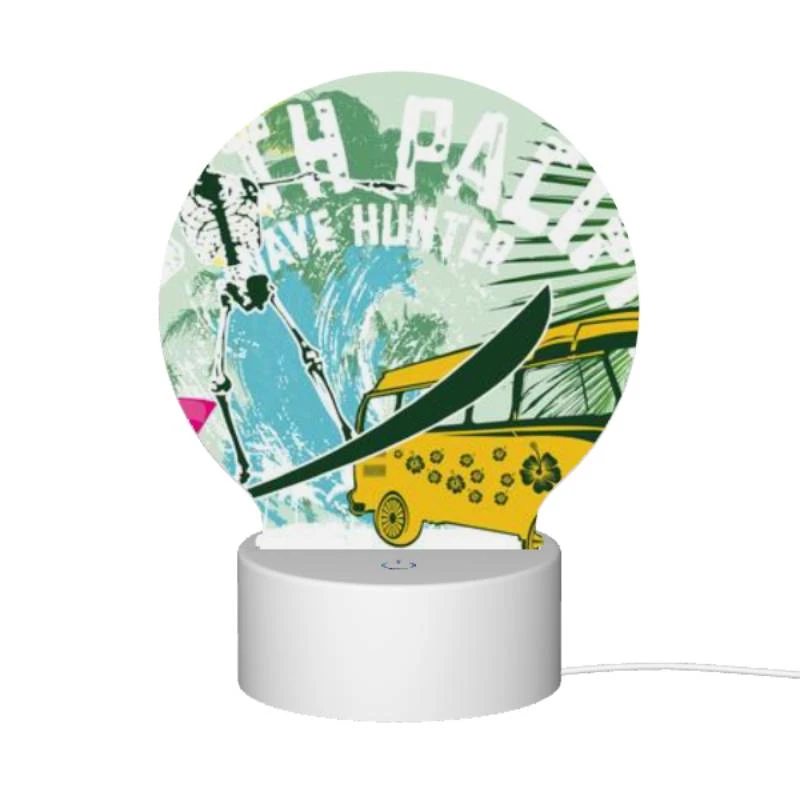 Round Acrylic Night Light, A surfboard with a skeleton on it is next to a bus. Round Acrylic Night Light, A Surfboard With A Skeleton On It Is Next To A Bus. -Pattern Night Light 4547ece563e10f03e91457b34051e79c1c1fa205