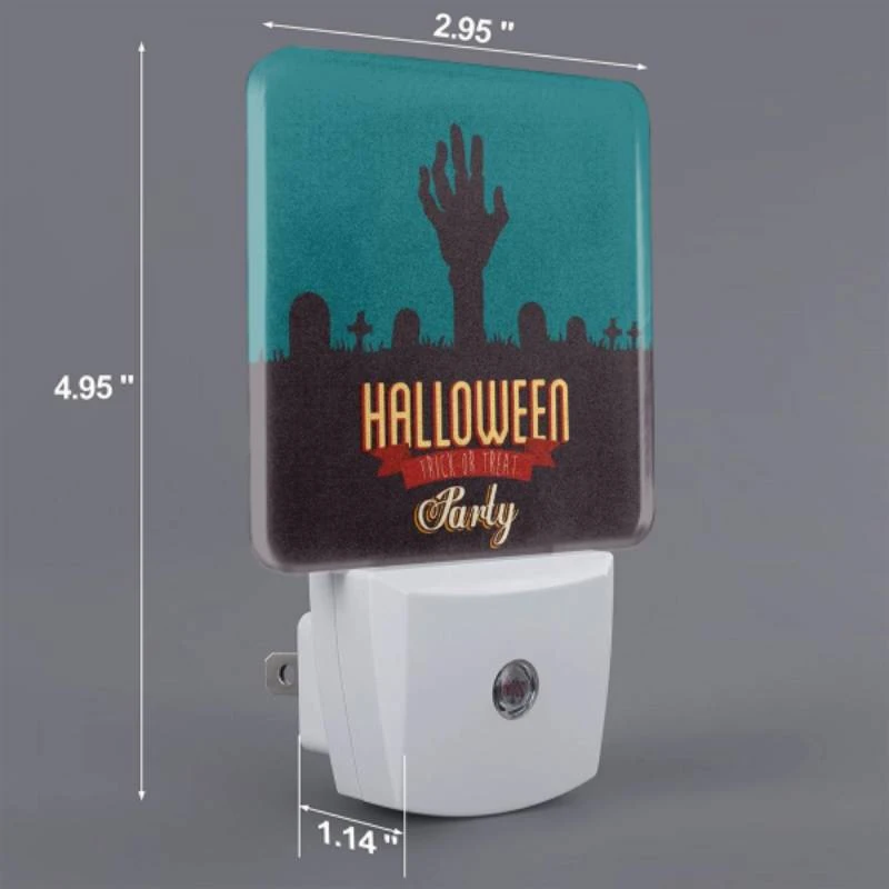 Night Light Set of 2, A Halloween party is advertised with a skeleton hand and a cemetery scene. Night Light Set Of 2, A Halloween Party Is Advertised With A Skeleton Hand And A Cemetery Scene. -Pattern Night Light 455fc55b39ea610e58e290799cbe47a4d0c1b002