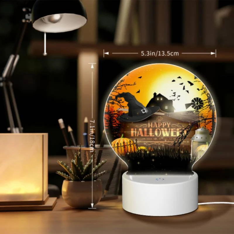 Round Acrylic Night Light, A Halloween poster with a witch's hat and a house in the background. Round Acrylic Night Light, A Halloween Poster With A Witch's Hat And A House In The Background. -Pattern Night Light 4569f19d7262380fae056cc604ddf521c52714a6