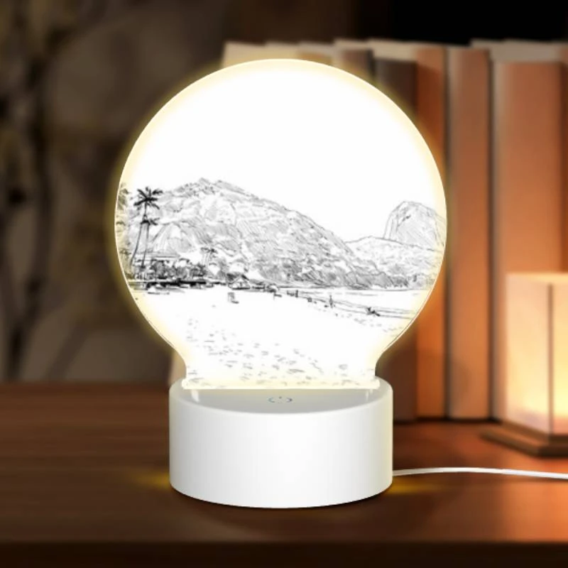 Round Acrylic Night Light, A black and white drawing of a beach with palm trees and a mountain in the background. Round Acrylic Night Light, A Black And White Drawing Of A Beach With Palm Trees And A Mountain In The Background. -Pattern Night Light 45fa2fe7d2d0551863bc2de9b06a8e0e6262b1e9