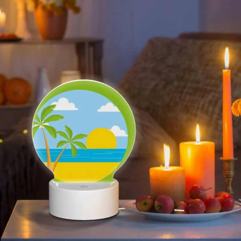 Round Acrylic Night Light, A sunset over the ocean with palm trees in the foreground. Round Acrylic Night Light, A Sunset Over The Ocean With Palm Trees In The Foreground. -Pattern Night Light 45fe5599f544332090a83e6821bbd53225c28783