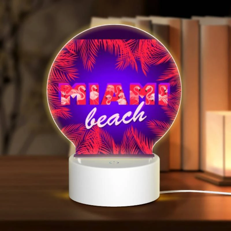 Round Acrylic Night Light, A colorful image of a beach with palm trees and the word "Miami" written in red. Round Acrylic Night Light, A Colorful Image Of A Beach With Palm Trees And The Word "Miami" Written In Red. -Pattern Night Light 4664e304bf08e4ca552b948ad34f832cb2b767cf