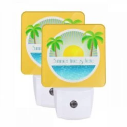 Night Light Set Of 2, A Sunny Day At The Beach With A Yellow Sun In The Sky.