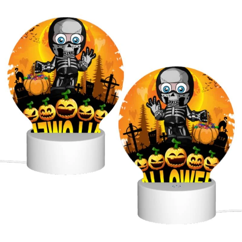 Round Acrylic Night Light, A skeleton is holding a pumpkin and a bag of candy. Round Acrylic Night Light, A Skeleton Is Holding A Pumpkin And A Bag Of Candy. -Pattern Night Light 489a1cdd9ed1c984cd1c3cfaa3fe0ce577d92c9d