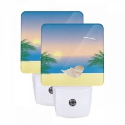 Night Light Set Of 2, A Beautiful Sunset With A Shell On The Beach.