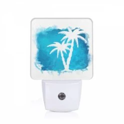 Night Light, A Blue And White Painting Of A Palm Tree.