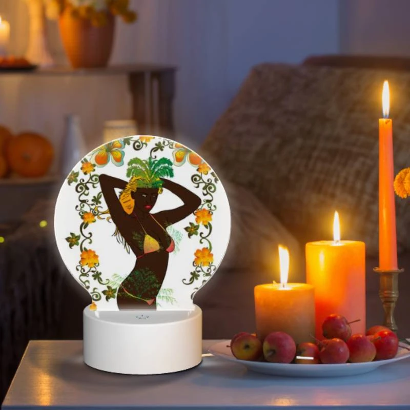 Round Acrylic Night Light, A woman wearing a grass skirt and a flower in her hair. Round Acrylic Night Light, A Woman Wearing A Grass Skirt And A Flower In Her Hair. -Pattern Night Light 4b586b1975b48f7ffcb4ff9011dd26cdebad81ae