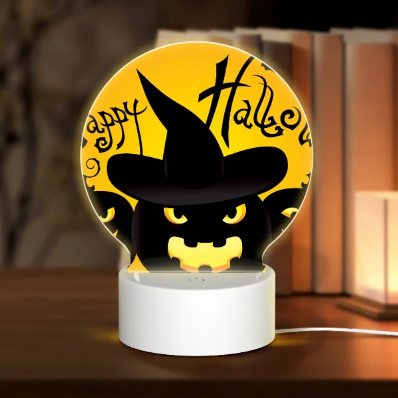 Round Acrylic Night Light, Three black and yellow pumpkins are shown with a witch's hat on top of each one. Round Acrylic Night Light, Three Black And Yellow Pumpkins Are Shown With A Witch's Hat On Top Of Each One. -Pattern Night Light 4bd299395d79ad814e80da817677443bd7576e2d