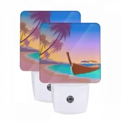 Night Light Set Of 2, A Boat Is Sitting On The Beach At Sunset.